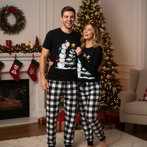 Drune | Paar Schwarz-und-Weiß-Karo-Weihnachtskurzarm-Pyjama-Set mit Schneemann- und Weihnachtsbaum-Print