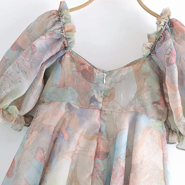 Drune | Organza-Kleid mit Blumenmuster und Puffärmeln sowie Herzausschnitt