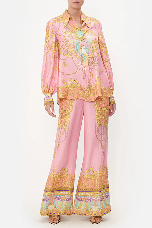 Drune | Rosiedress Einzigartiger Print Lantern Lange Ärmel Bluse Shirt und Weite Hosen Urlaub Outfit Set