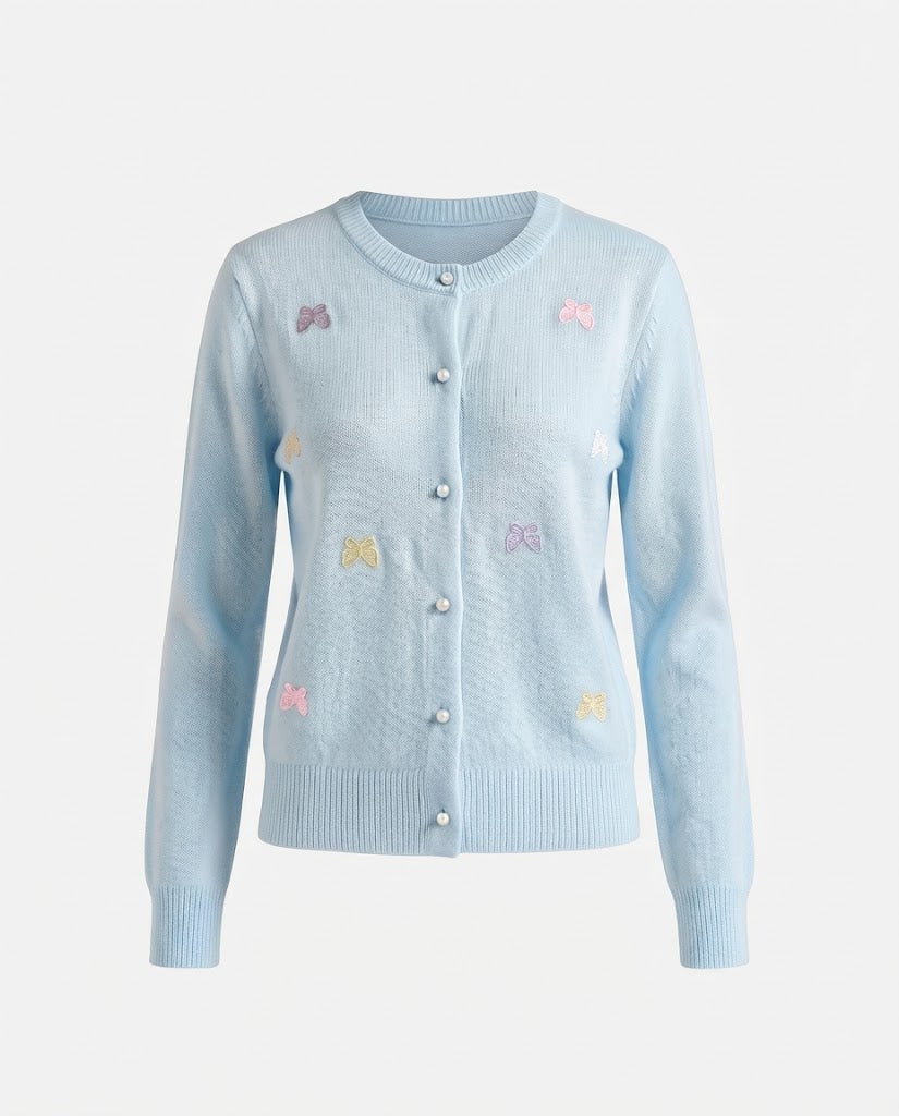 Damen Feinstrick-Kurzcardigan mit Perlmuttknöpfen und zierlichen Schleifenapplikationen Drune