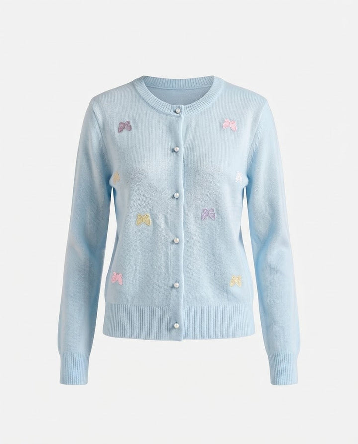 Damen Feinstrick-Kurzcardigan mit Perlmuttknöpfen und zierlichen Schleifenapplikationen Drune