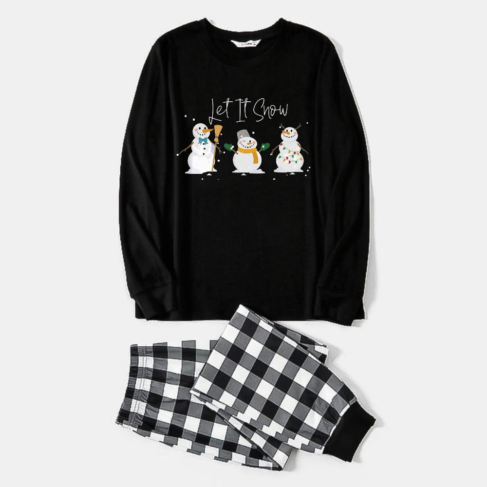 Drune | Paar Schwarz-Weiße Karierte Weihnachten Pyjama Set Mit Schneemann Und "Lasst Es Schneien" Cartoon Druck