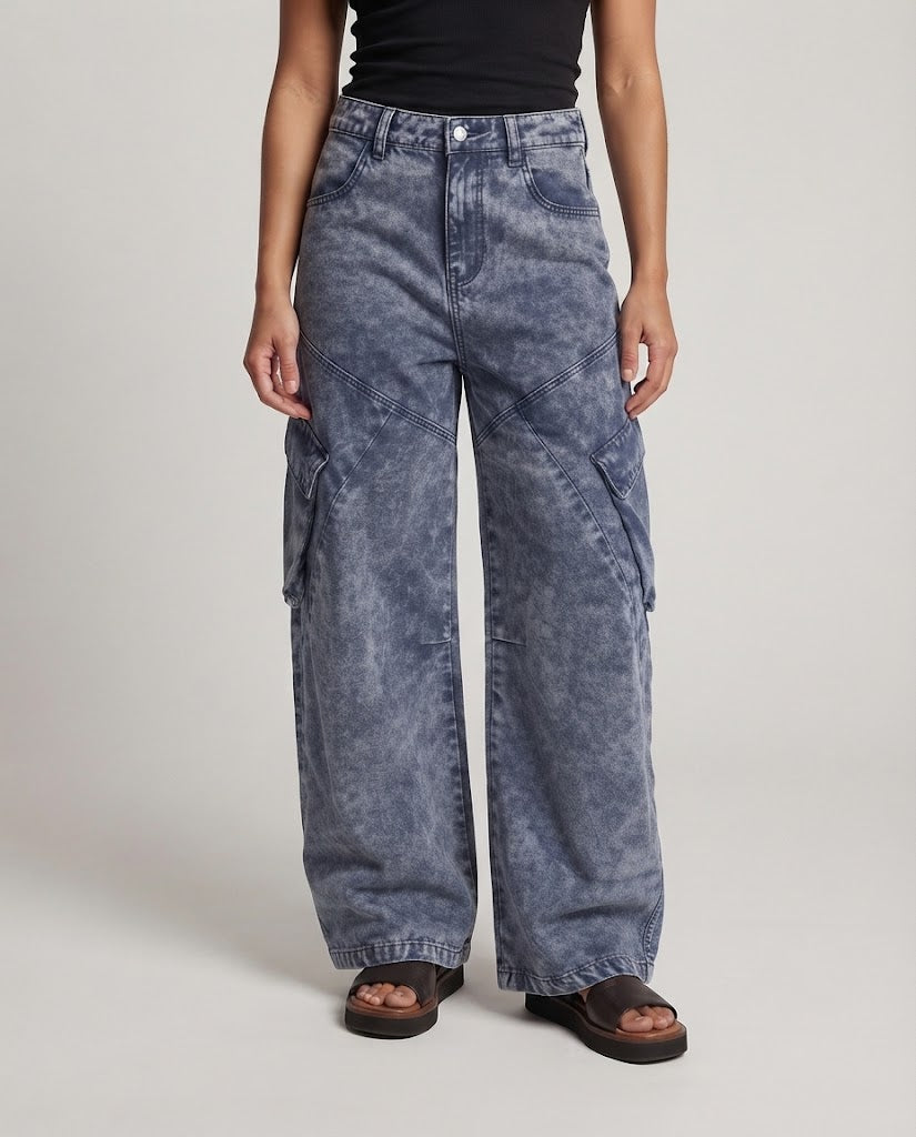 Damen weite Paneel-Cargo-Denim-Palazzo-Hose mit tiefem Schritt und großen Klappentaschen Drune