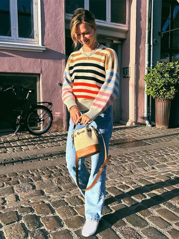 Drune | Colorful striped vintage knit sweater with a round neck