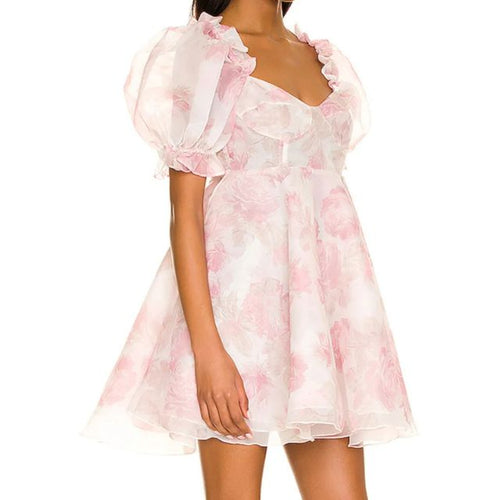 Drune | Organza-Kleid mit Blumenmuster und Puffärmeln sowie Herzausschnitt
