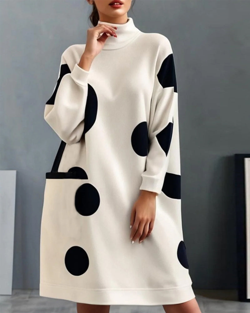 Drune | Elegantes Lockeres Kleid mit Tupfenmuster und Hohem Kragen und Tasche