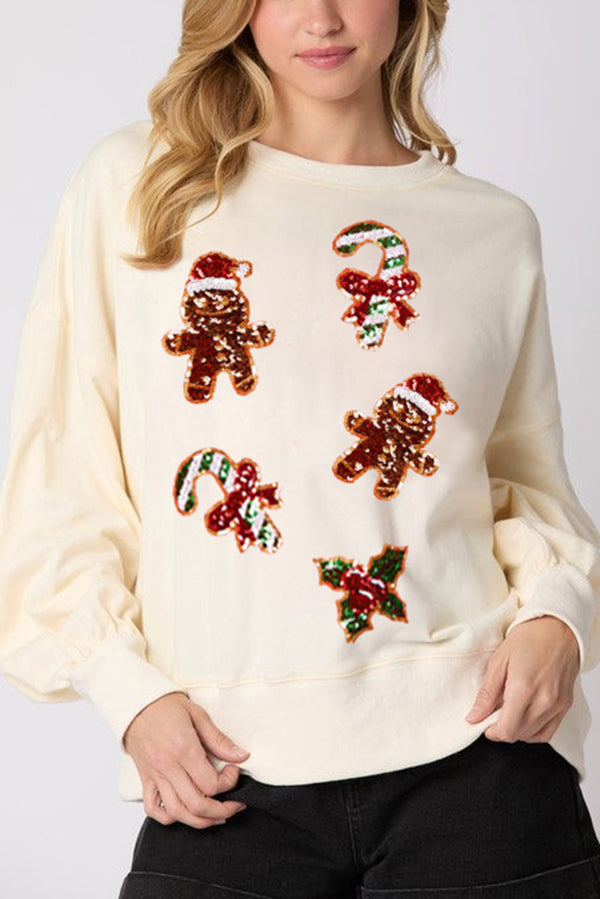 Drune | Weihnachts Lebkuchenmann Paillette Lässig Langarm Sweatshirt