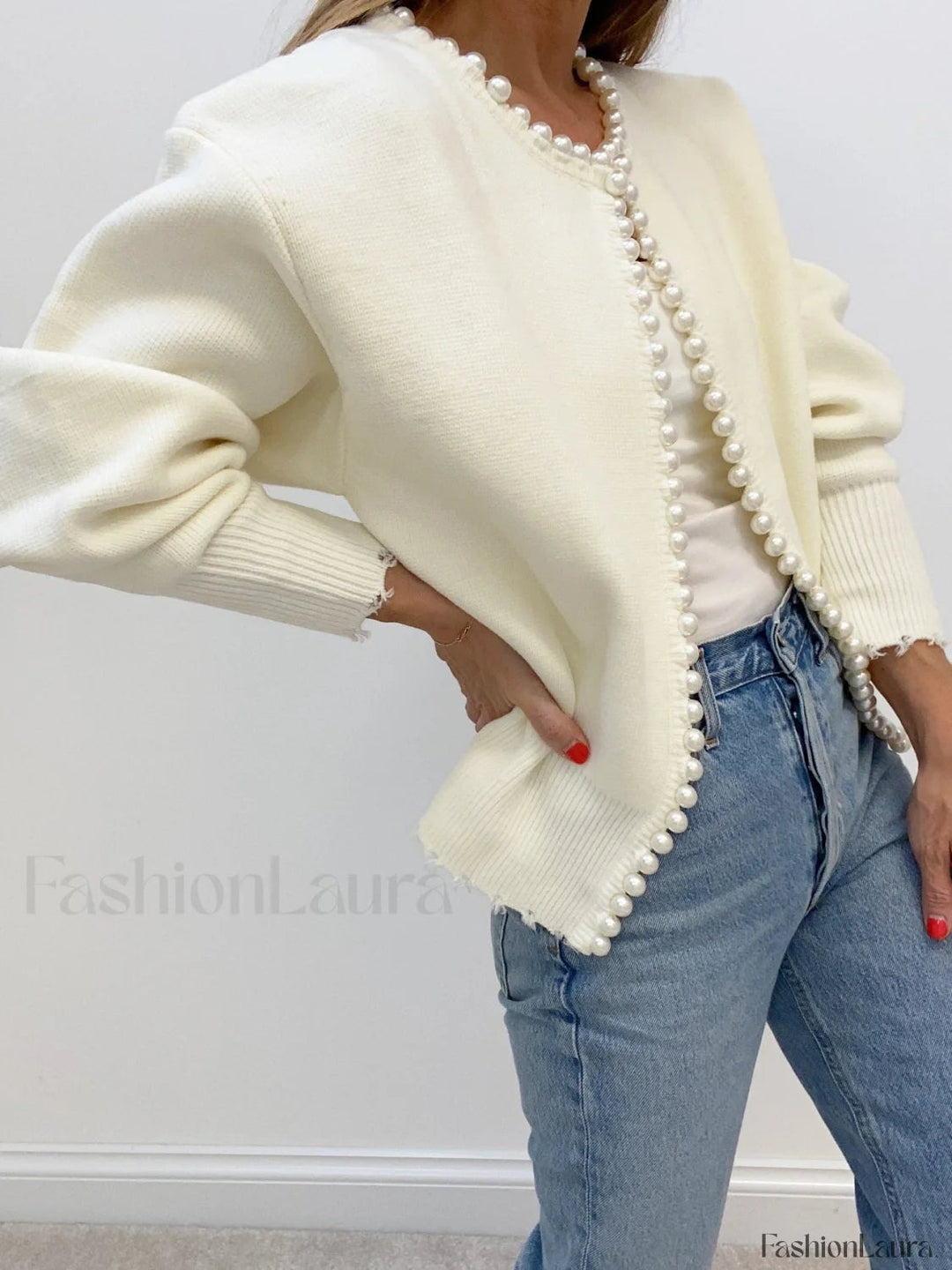Drune | Knit cardigan with pearl embellishments and frayed hem