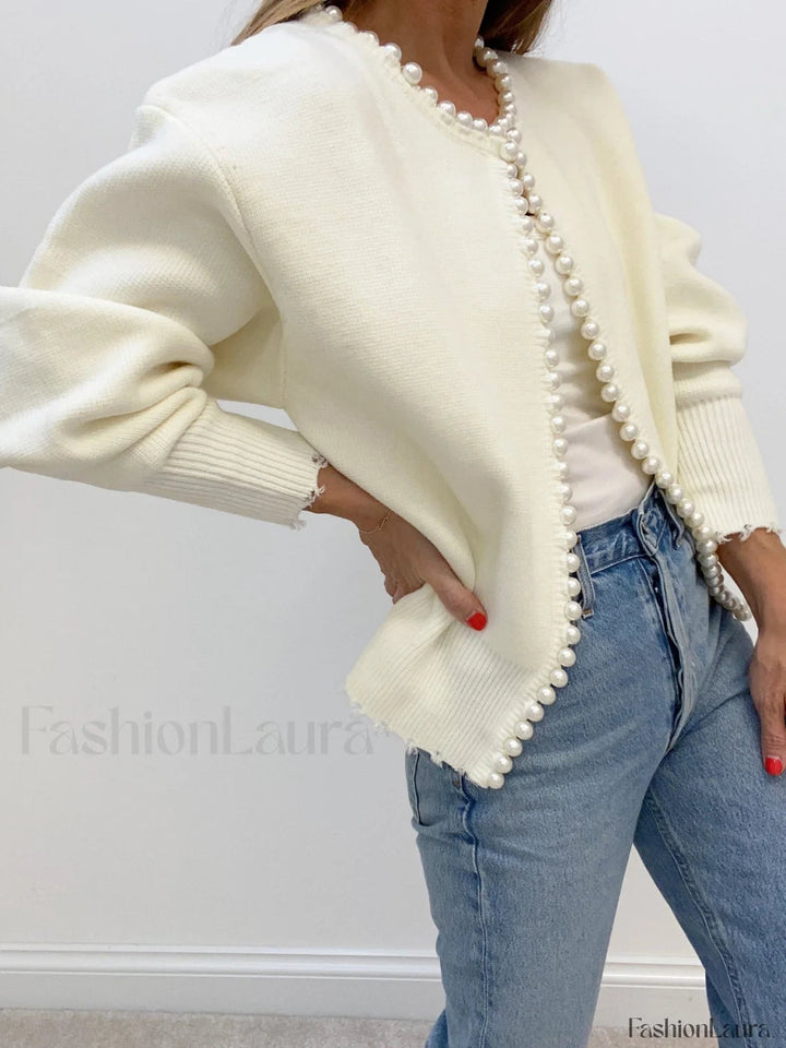 Drune | Knit cardigan with pearl embellishments and frayed hem