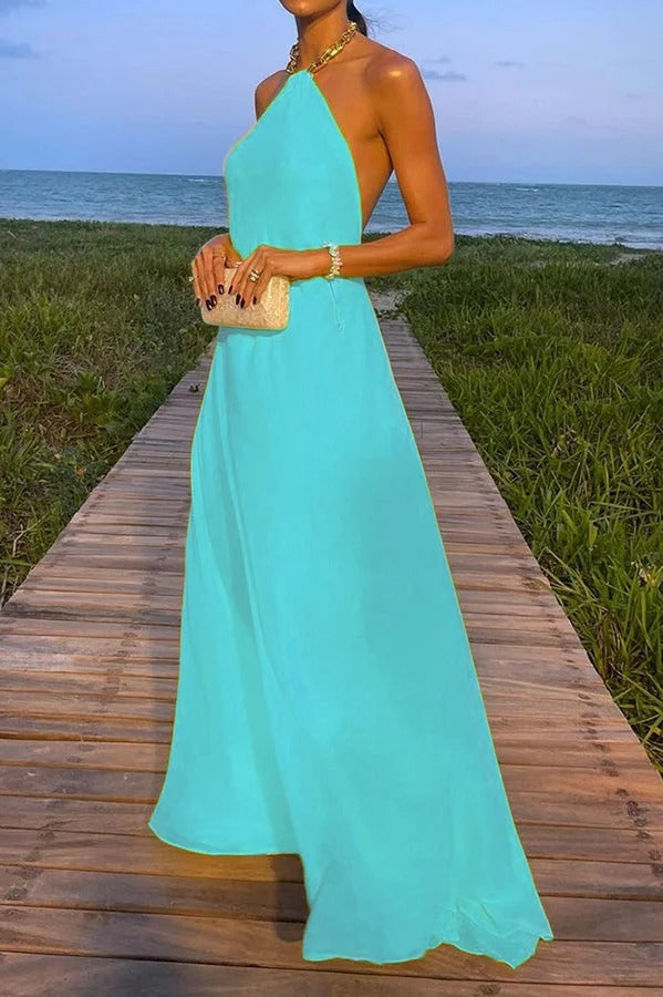 Drune | Sunny In Santorini Ketten-Halter Rückenfreies A-Linie Urlaub Maxi Kleid