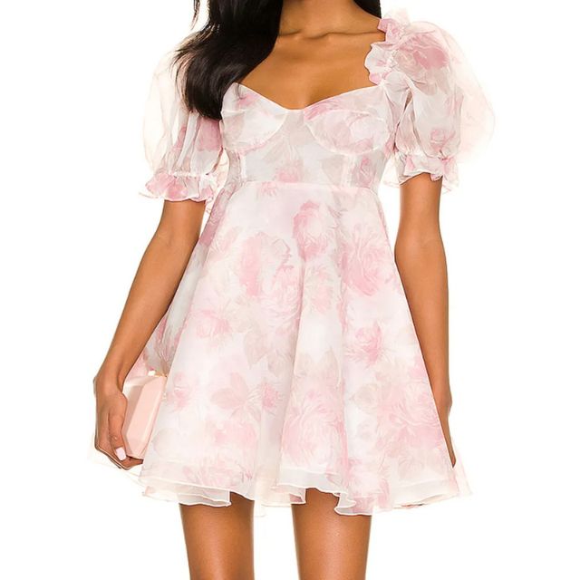 Drune | Organza-Kleid mit Blumenmuster und Puffärmeln sowie Herzausschnitt
