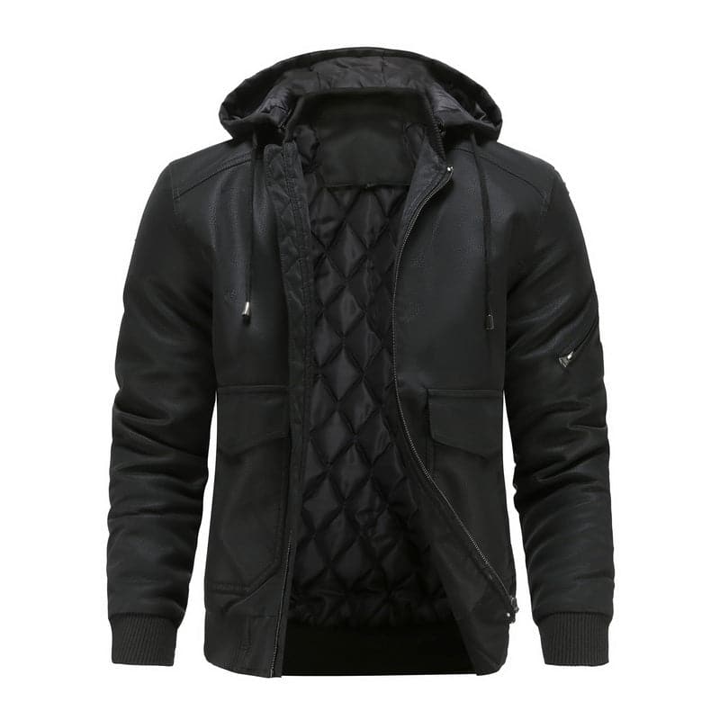 Drune | Leder Look Jacke Kordelzug Kapuze Ge Quiltete Fütterung Reißverschlussverschluss Gerippter Saum