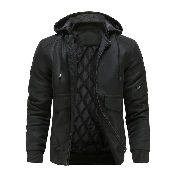 Drune | Leder Look Jacke Kordelzug Kapuze Ge Quiltete Fütterung Reißverschlussverschluss Gerippter Saum