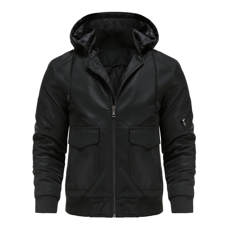 Drune | Leder Look Jacke Kordelzug Kapuze Ge Quiltete Fütterung Reißverschlussverschluss Gerippter Saum