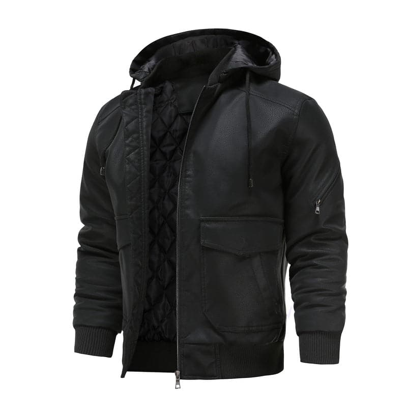 Drune | Leder Look Jacke Kordelzug Kapuze Ge Quiltete Fütterung Reißverschlussverschluss Gerippter Saum