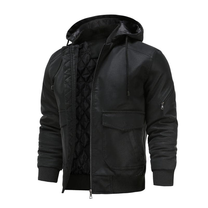 Drune | Leder Look Jacke Kordelzug Kapuze Ge Quiltete Fütterung Reißverschlussverschluss Gerippter Saum