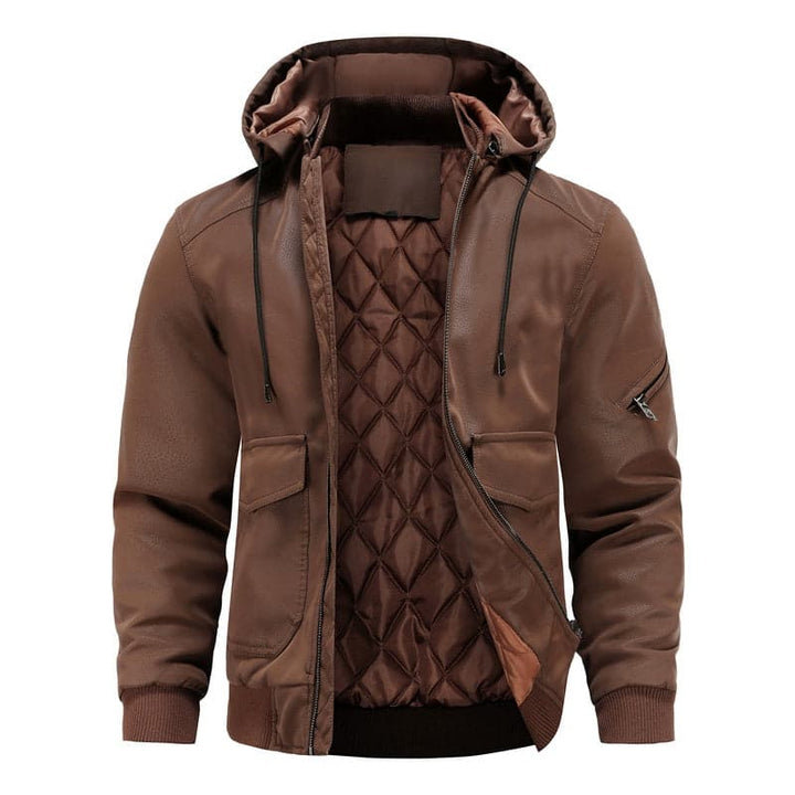 Drune | Leder Look Jacke Kordelzug Kapuze Ge Quiltete Fütterung Reißverschlussverschluss Gerippter Saum