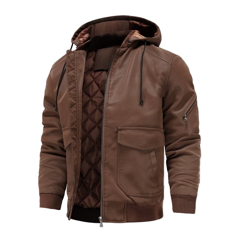 Drune | Leder Look Jacke Kordelzug Kapuze Ge Quiltete Fütterung Reißverschlussverschluss Gerippter Saum