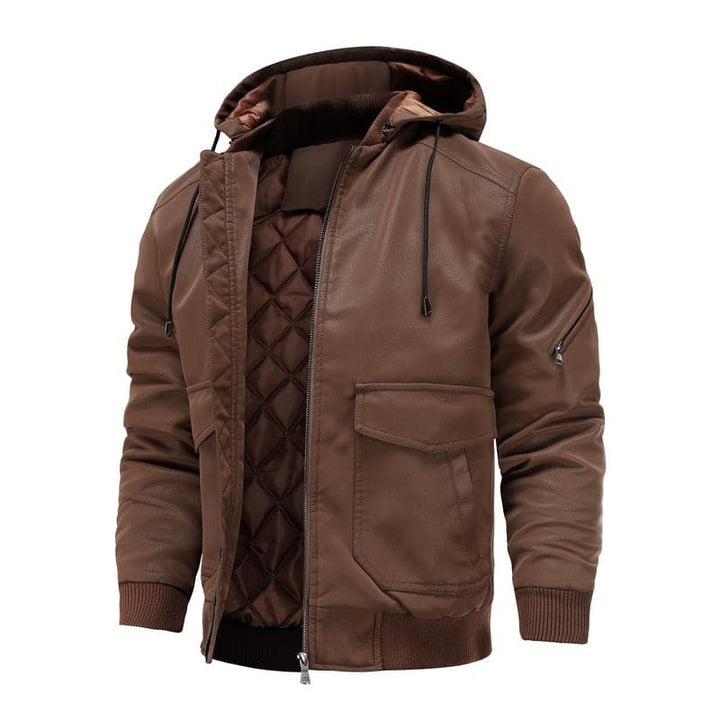 Drune | Leder Look Jacke Kordelzug Kapuze Ge Quiltete Fütterung Reißverschlussverschluss Gerippter Saum
