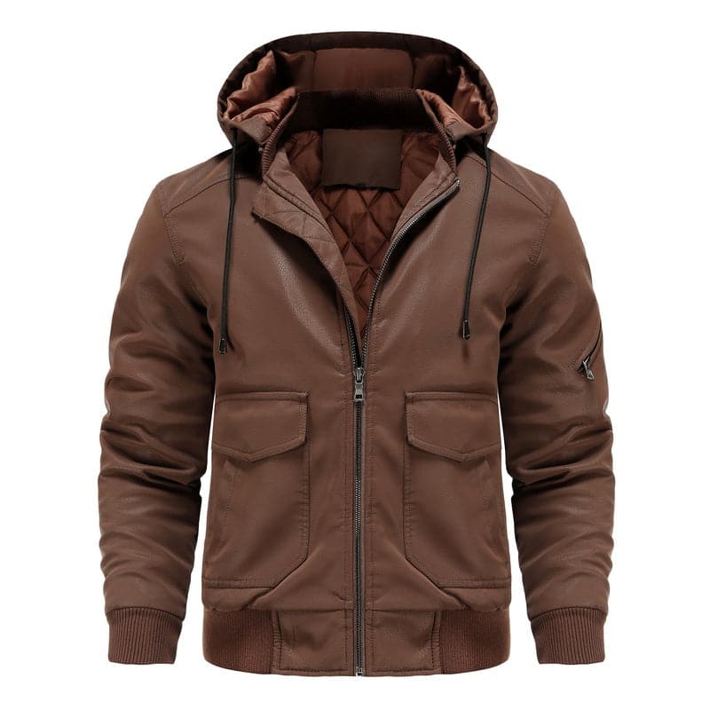 Drune | Leder Look Jacke Kordelzug Kapuze Ge Quiltete Fütterung Reißverschlussverschluss Gerippter Saum