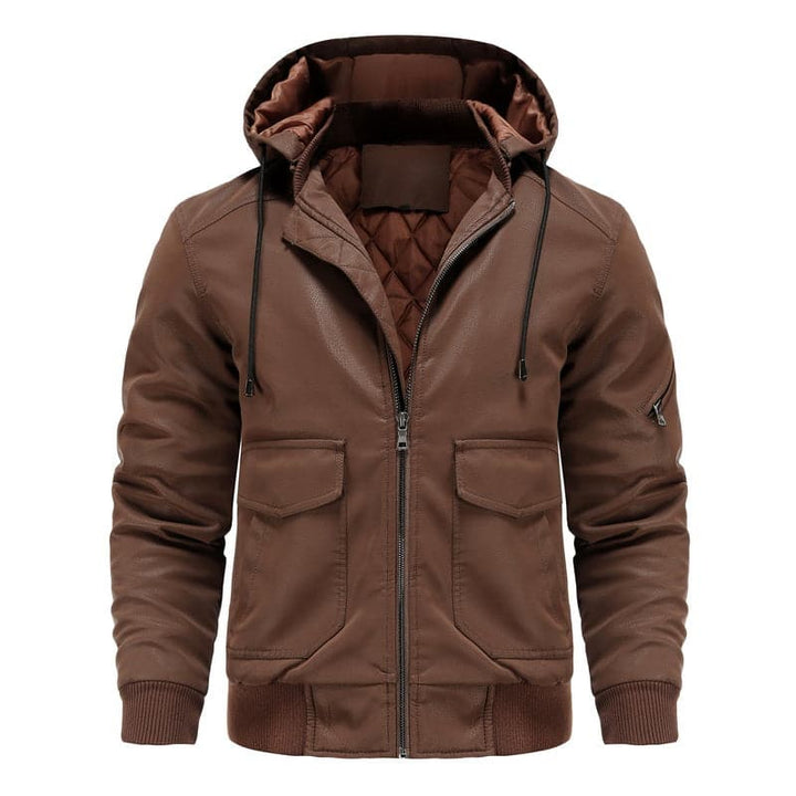 Drune | Leder Look Jacke Kordelzug Kapuze Ge Quiltete Fütterung Reißverschlussverschluss Gerippter Saum
