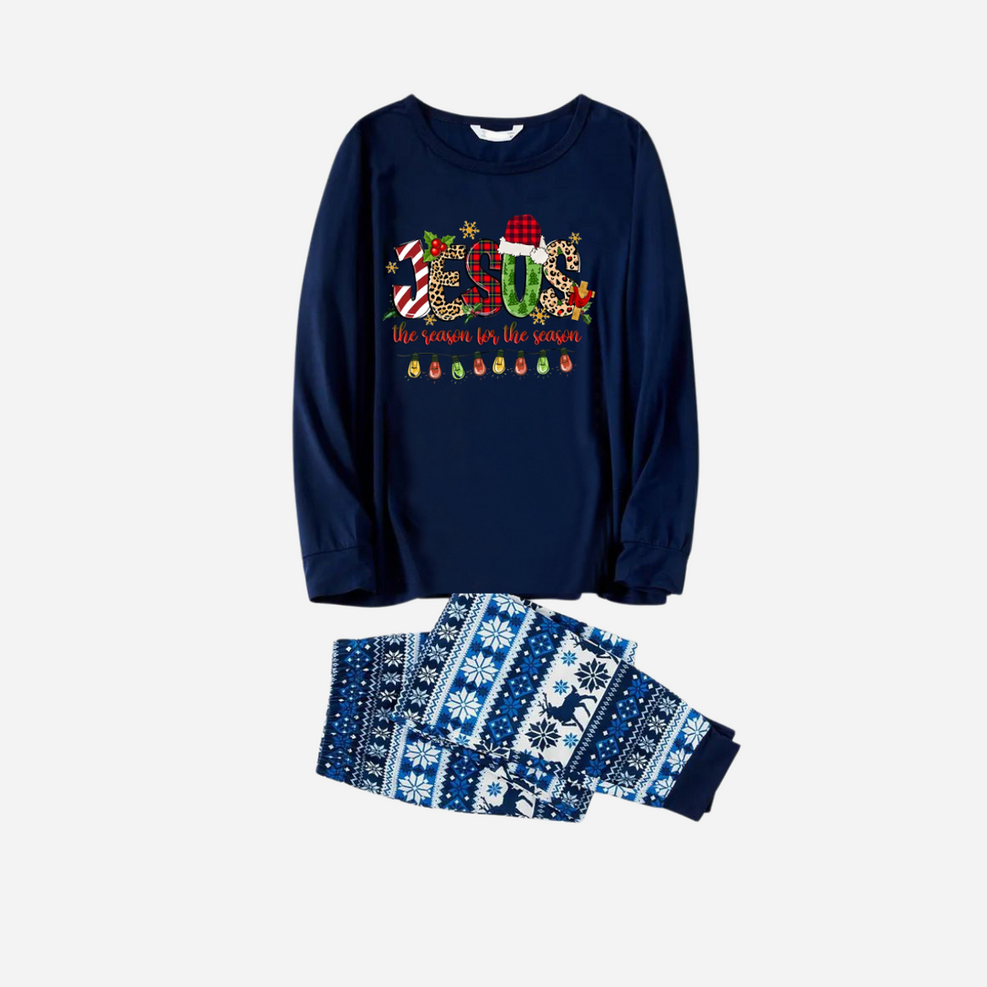 Drune | Jesus der Grund für die Saison Familie Weihnachten Pyjama Set - Marineblaues Oberteil mit blauen und weißen Schneeflocken bedruckten Hosen