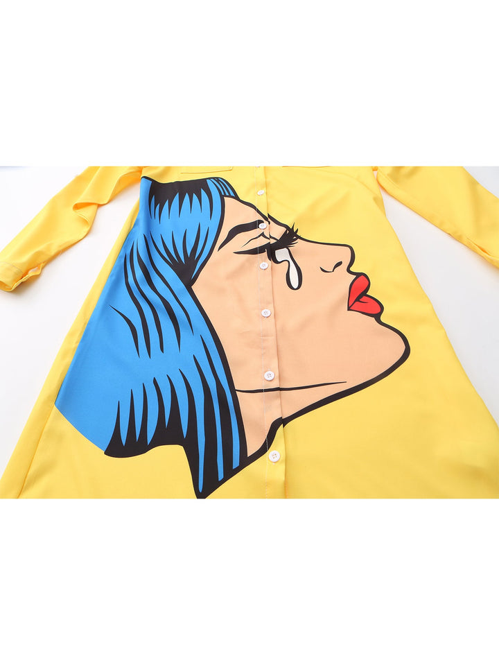 Drune | Kleid mit Gesichtsdruck und Kragen in Gelb