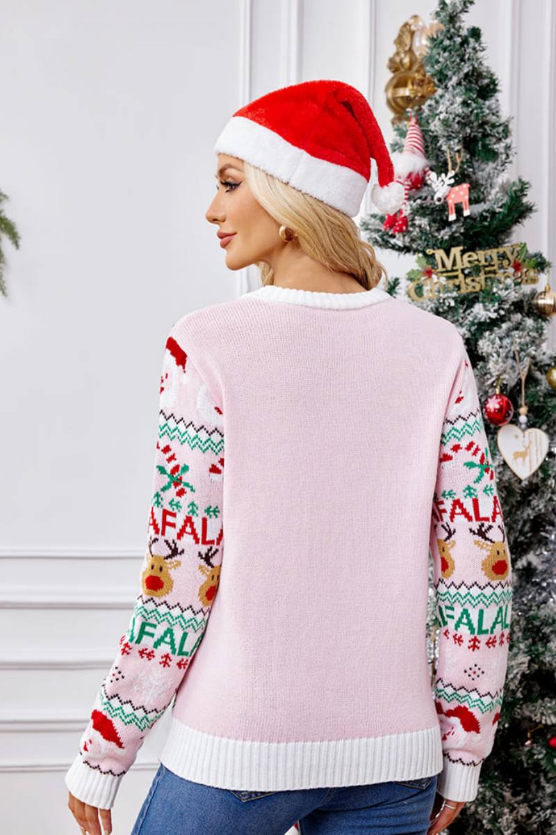Drune | Locker Sitzende Rundhals Weihnachts Cartoon Strickpullover - Pink