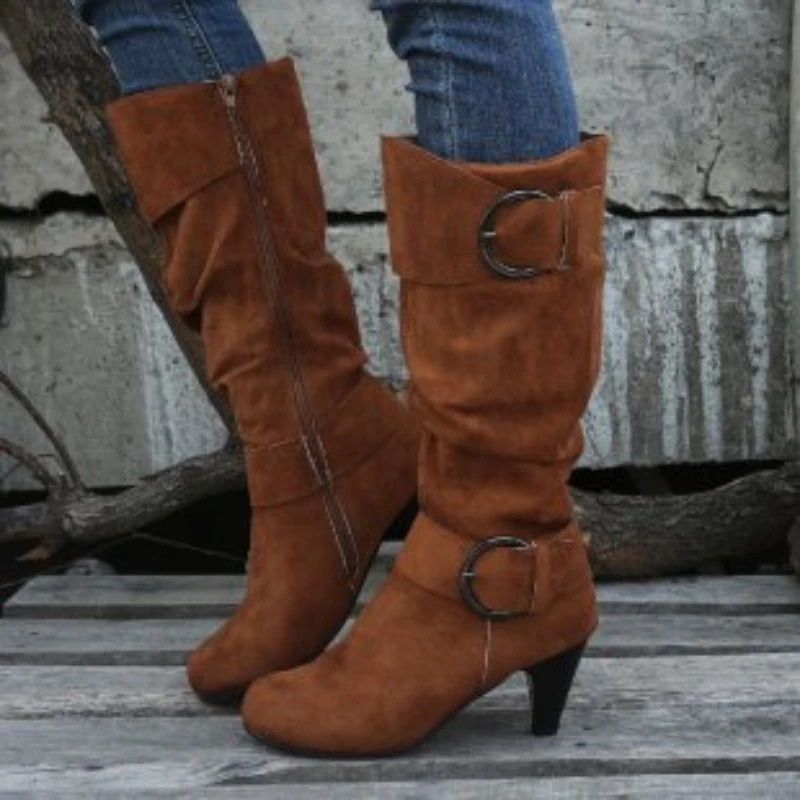 Drune | Damen Knielange Stiefel mit Reißverschluss und Schnalle Stilvolle Hohe Stiefel