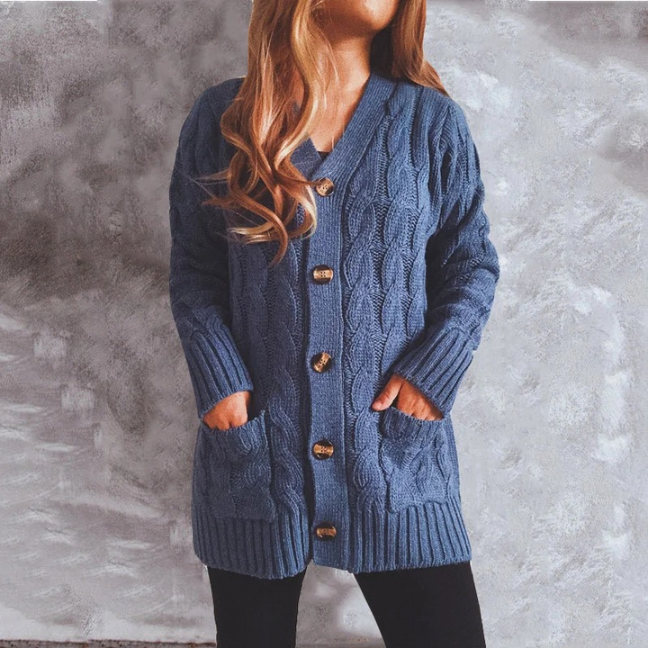 Drune | Wollstrickjacke Damen Mit Zopfmuster Und Holzknöpfen, Lockere
