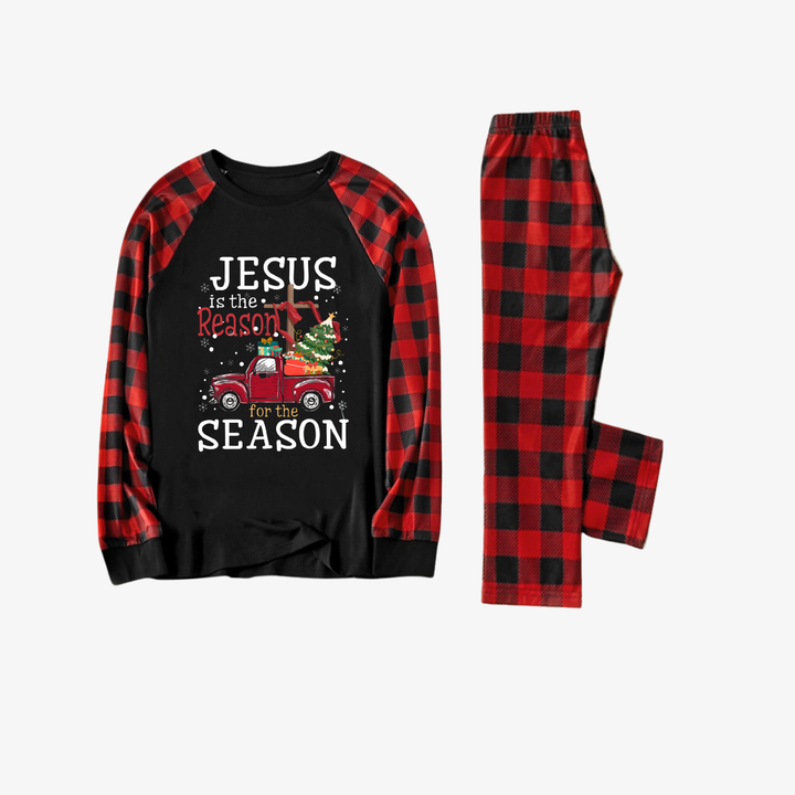 Drune | Rot und Schwarze Karierte Weihnachts-Pyjama-Set mit "Jesus ist der Grund für die Jahreszeit" Textdruck