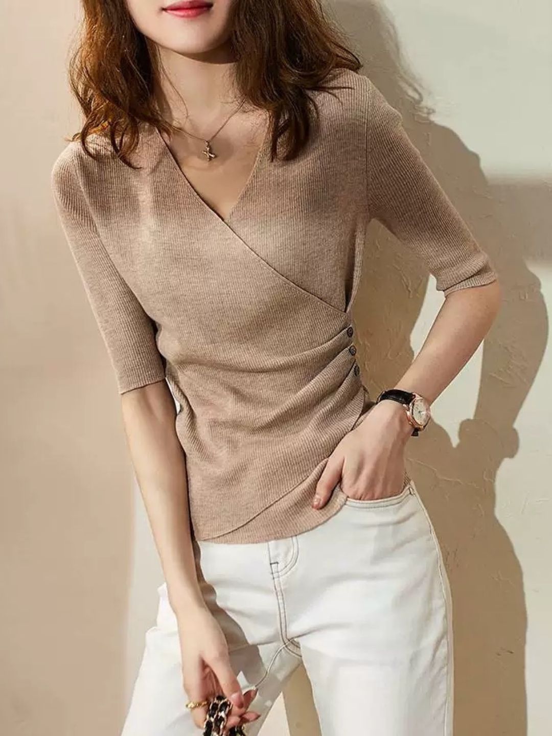 Drune | Casual V-Ausschnitt Unifarben Stricktop Grün