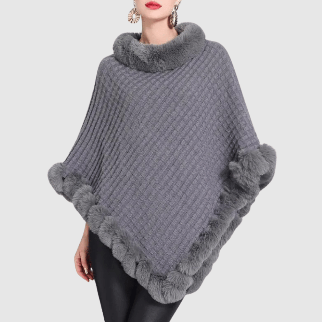 Drune | Poncho mit weicher Webstruktur – stilvoller Damenponcho mit Kragen und Kunstpelzabschluss