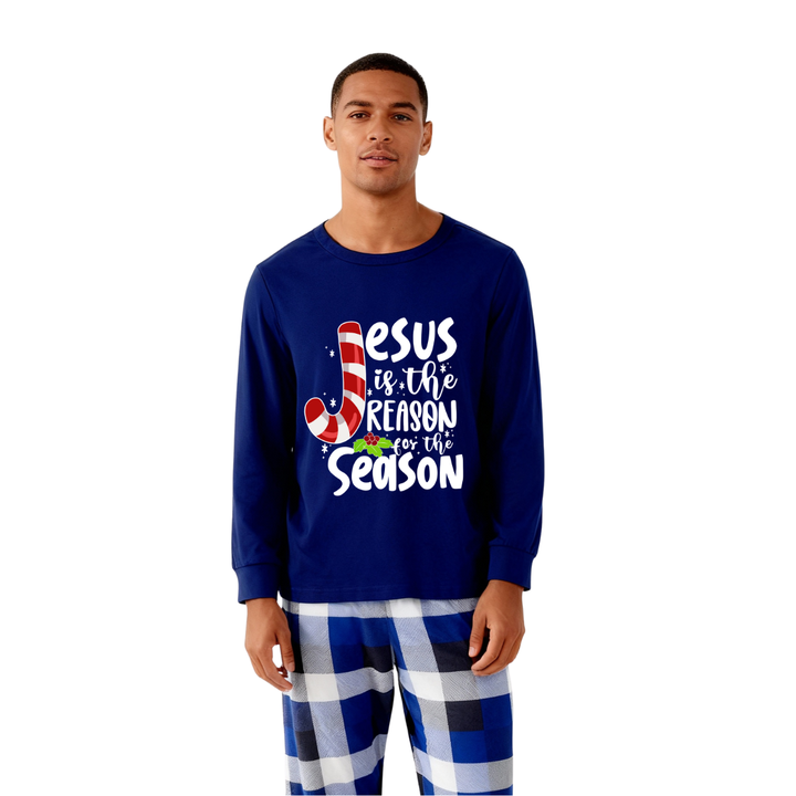 Drune | Weihnachten Jesus Weiße Buchstaben Druck Kontrast Blau Langarm-Shirt mit Blau und Weißen Karotten Hosen Familie Übereinstimmende Pyjamas