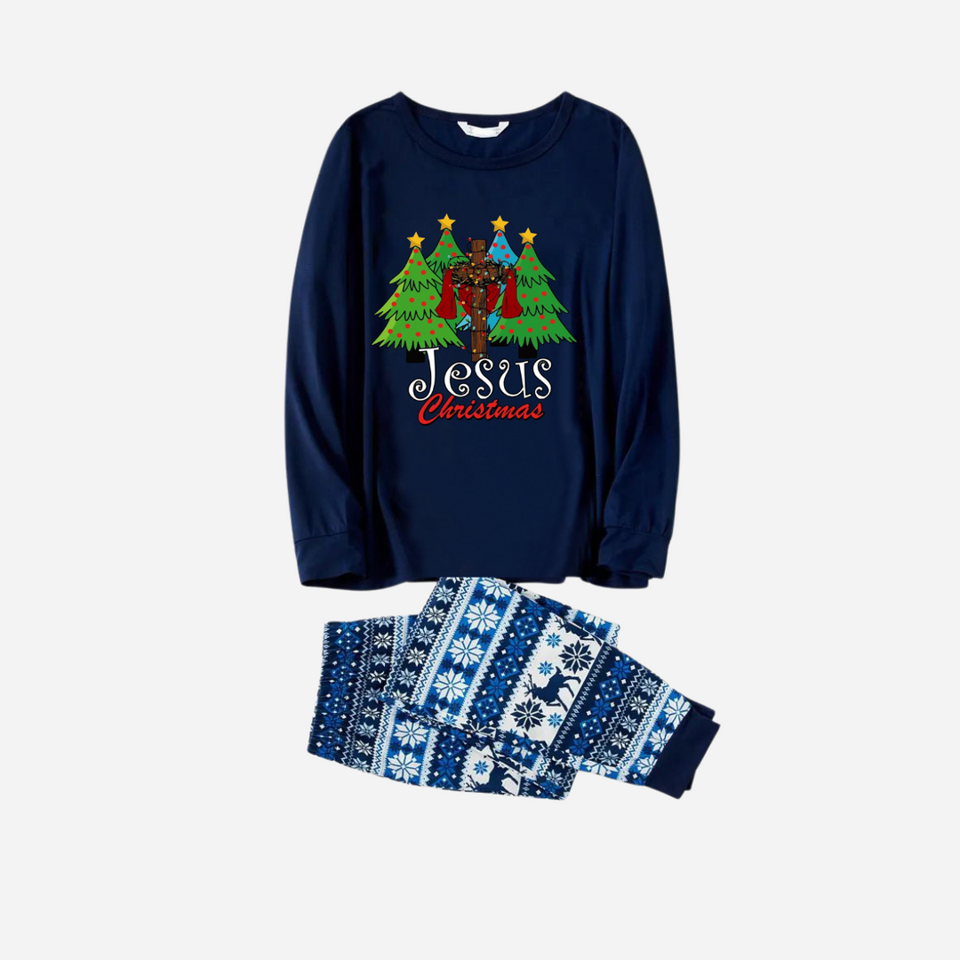 Drune | Jesus Weihnachten Familie Passende Pyjama Set - Dunkelblaues Oberteil mit Blau und Weiß Schneeflockenmuster Hose