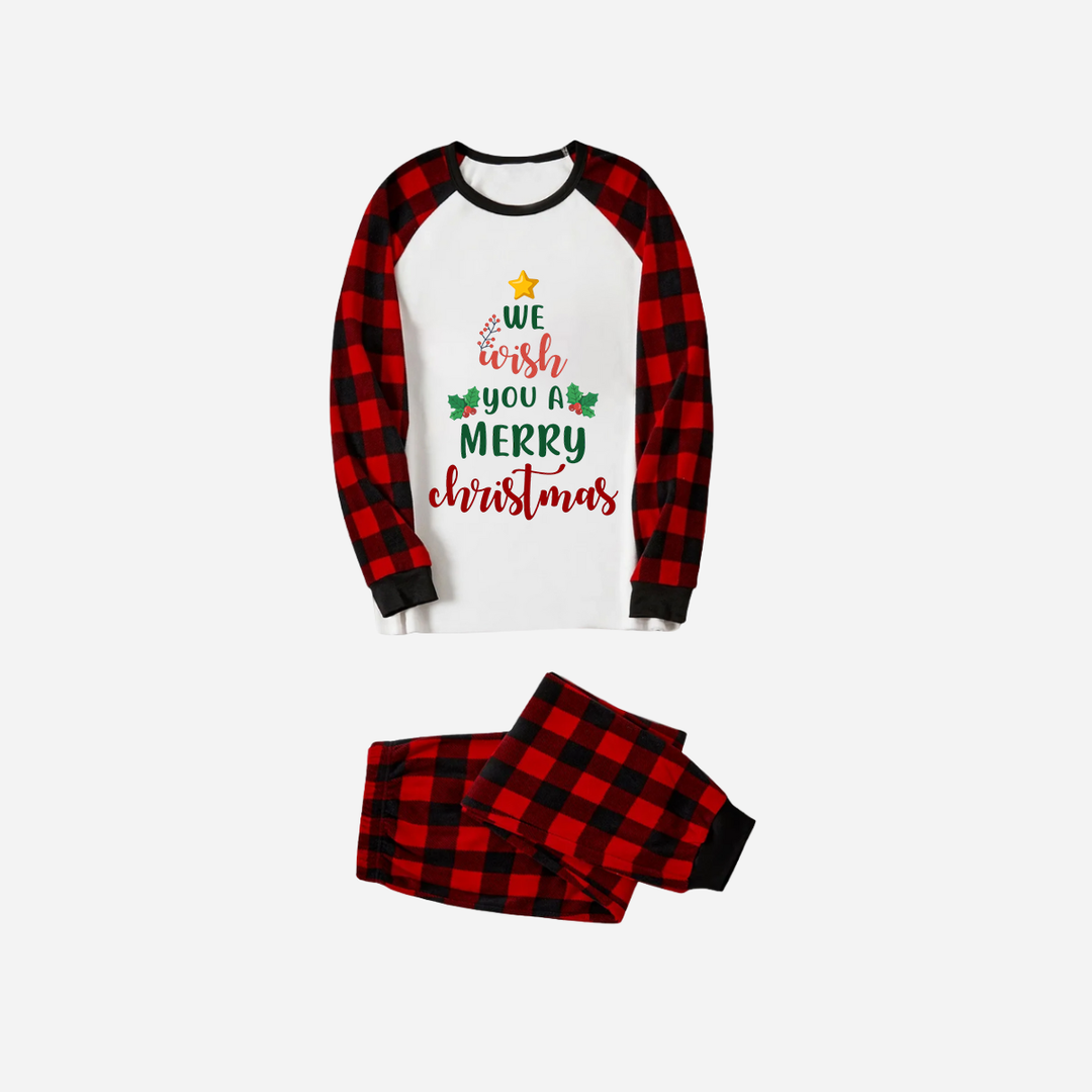 Drune | Rot und Schwarz Karierter Weihnachts-Pyjama-Set Mit "Wir wünschen Ihnen ein fröhliches Weihnachtsfest" Textdruck