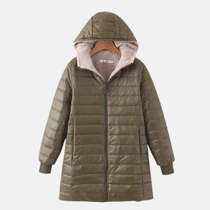 Drune | Steppjacke mittellang Kapuze Fleece Futter Reißverschluss Rippbündchen