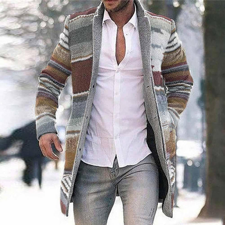 Drune | Langer Mantel Gewebter Stoff Slim Fit Offene Vorderseite Einzigartiges Musterdetail