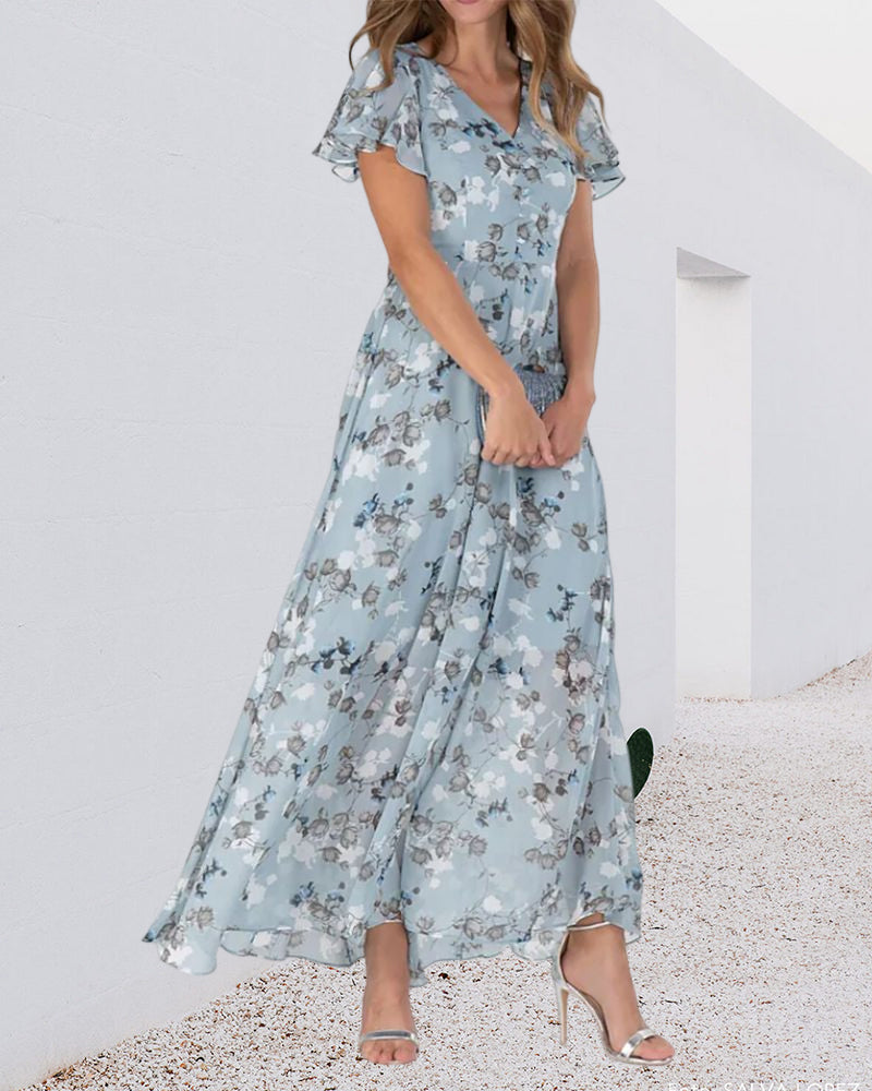 Drune - Florales Maxikleid Damen | Chiffonstoff luftiges Sommerkleid | Maxikleid mit fließendem Rock