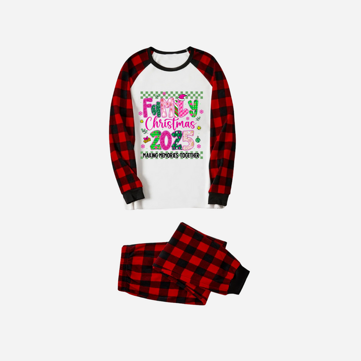 Drune | "Familienweihnachten 2025" Faux Glitter Schwarz und Rot Raglanärmel Weihnachts-Pyjama-Set