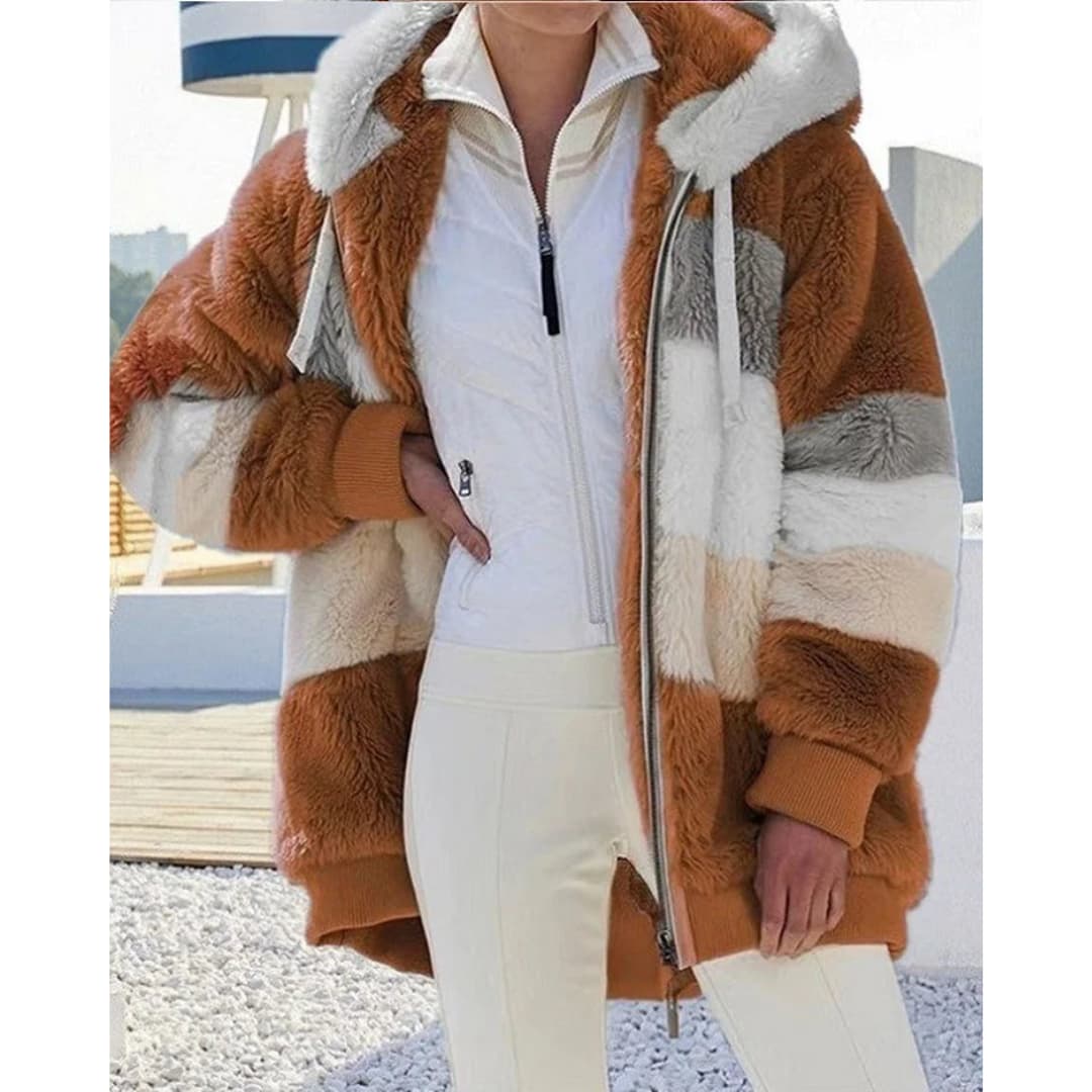Drune | Damen Casual Faux Fur Jacke mit Reißverschlusstaschen Kapuze Herbst Winter