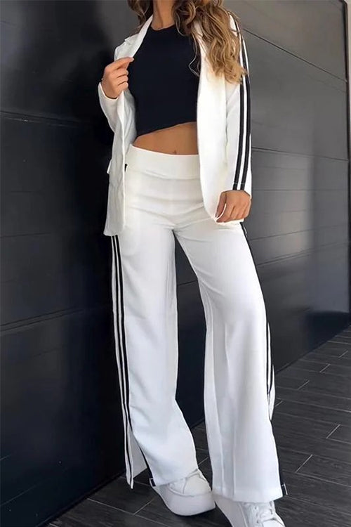 Drune | Rosiedress Farbblock Offene Front Blazer Elastischer Taillen Schlitz Weit Beinform Hose Set