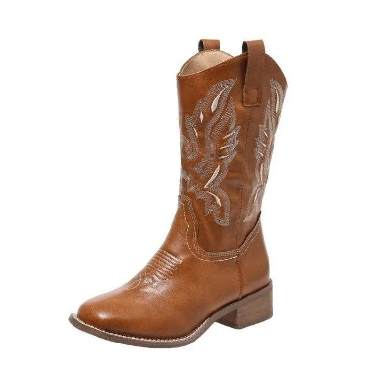 Drune | Western Stil Stiefel Damen mit Spitzem Kopf und Blockabsatz, Cowboy Stiefel Damen