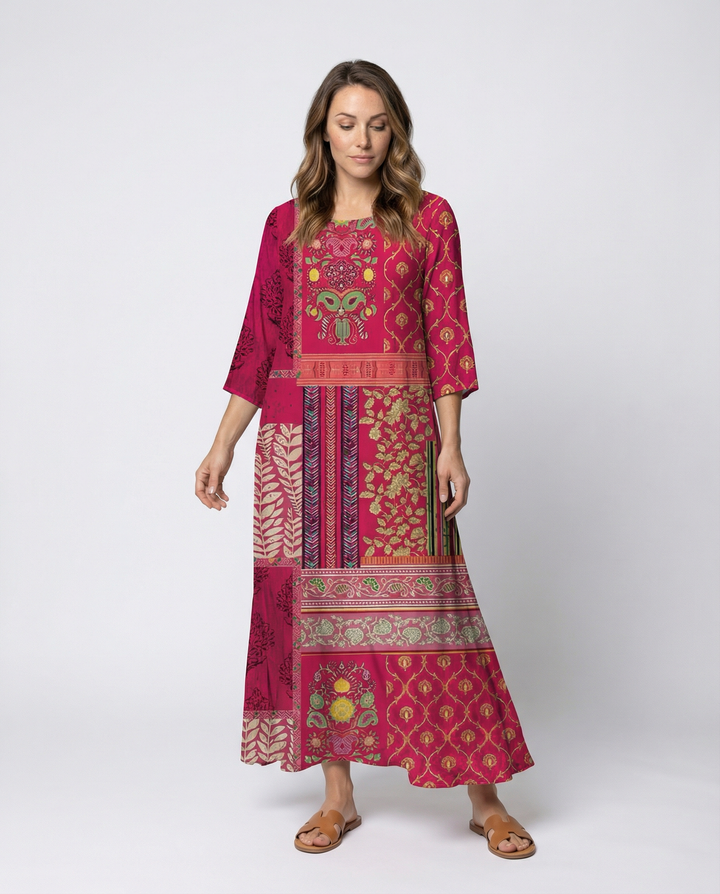 Damen Boho-Kaftan-Kleid mit Fließendem Stoff & Beinschlitz Drune