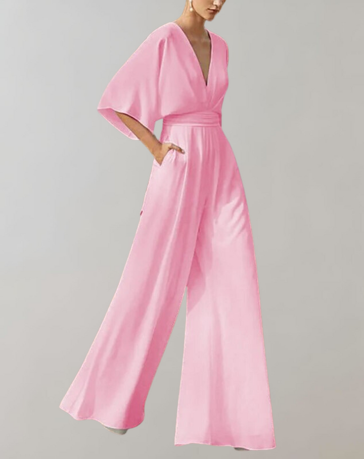 Drune Damen Jumpsuit mit V-Ausschnitt und weitem Bein