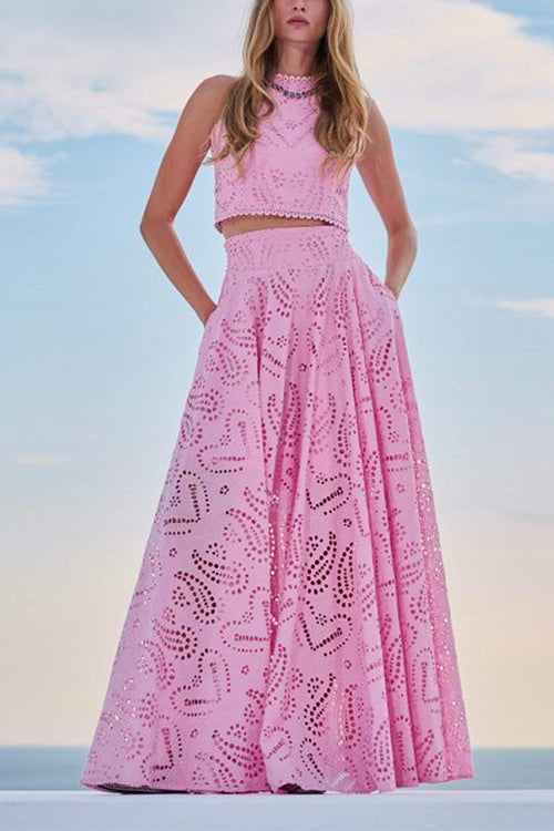 Drune | Rosiedress Spitze Hollow Out Rundhals Crop Tank Top Hohe Taille Maxi Swing Rock Set