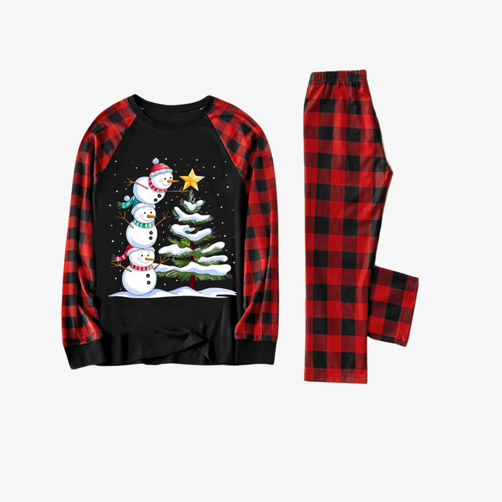 Drune | Rote und schwarze karierte Weihnachts-Pyjama-Sets mit Schneemann- und Weihnachtsbaum-Print