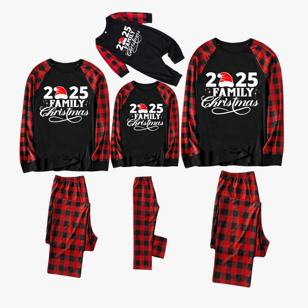 Drune | "2025 Familie Weihnachten" Buchstaben Druck Schwarz & Rot Karo Familie Passende Schwarze Pyjamas