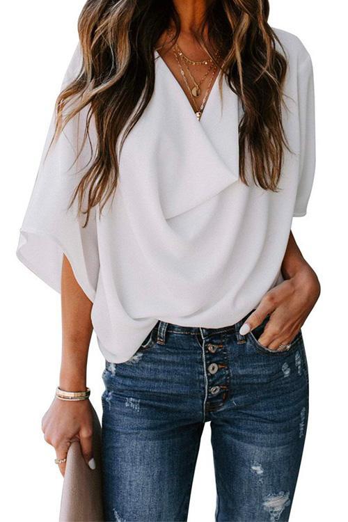 Drune | Rosiedress Cowl Neck Kurzarm Drapiert Chiffon Shirt