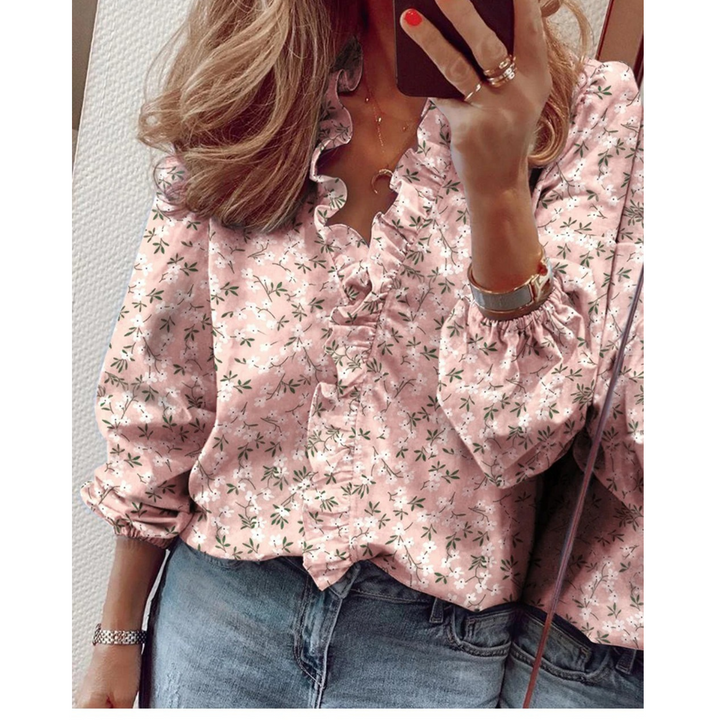 Drune | Chiffon lila Blumenmuster V-Ausschnitt Damenhemd